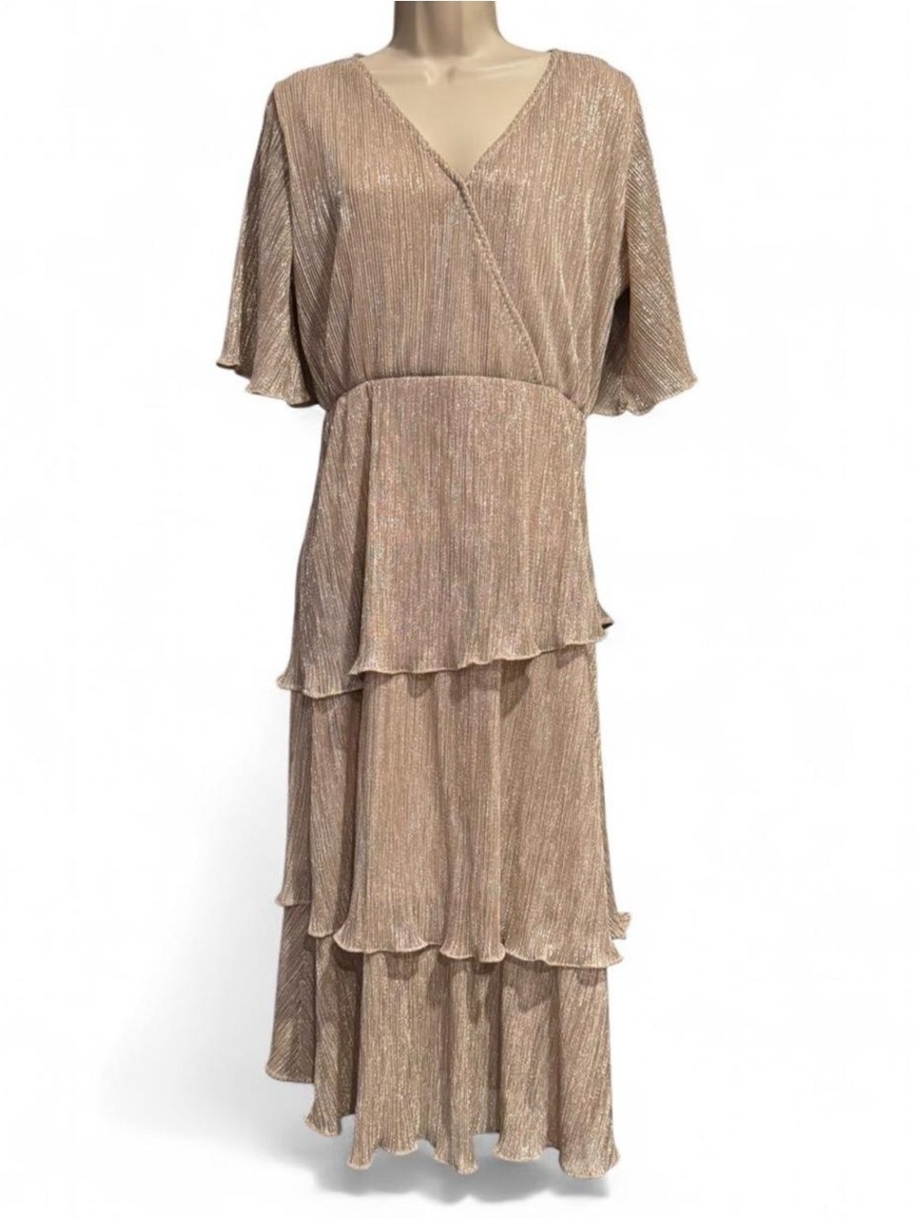 Ciebon Metallic Pleated Tiered Midi Dress Champagne Gold Flutter Sleeve Small